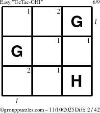 The grouppuzzles.com Easy TicTac-GHI puzzle for Monday November 10, 2025, suitable for printing, with all 2 steps marked