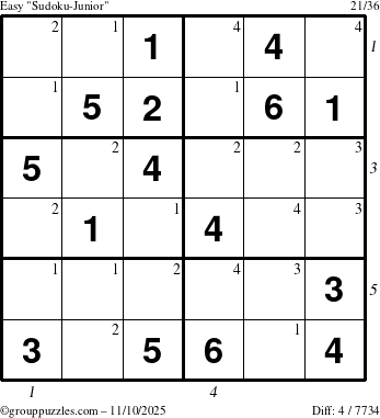The grouppuzzles.com Easy Sudoku-Junior puzzle for Monday November 10, 2025 with all 4 steps marked