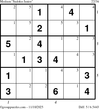 The grouppuzzles.com Medium Sudoku-Junior puzzle for Monday November 10, 2025 with all 5 steps marked