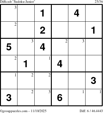 The grouppuzzles.com Difficult Sudoku-Junior puzzle for Monday November 10, 2025 with the first 3 steps marked