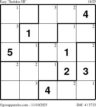 The grouppuzzles.com Easy Sudoku-5B puzzle for Monday November 10, 2025 with the first 3 steps marked