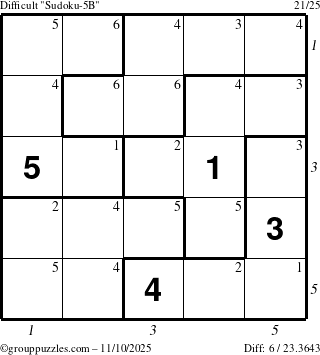 The grouppuzzles.com Difficult Sudoku-5B puzzle for Monday November 10, 2025, suitable for printing, with all 6 steps marked
