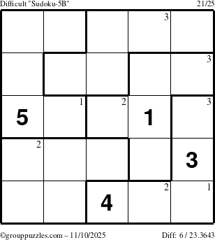 The grouppuzzles.com Difficult Sudoku-5B puzzle for Monday November 10, 2025 with the first 3 steps marked