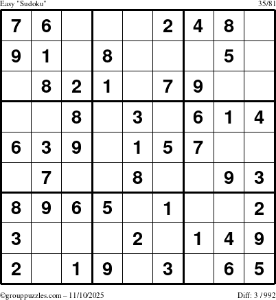 The grouppuzzles.com Easy Sudoku puzzle for Monday November 10, 2025