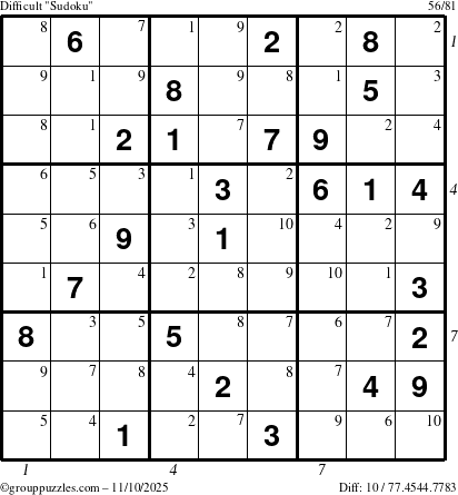 The grouppuzzles.com Difficult Sudoku puzzle for Monday November 10, 2025 with all 10 steps marked