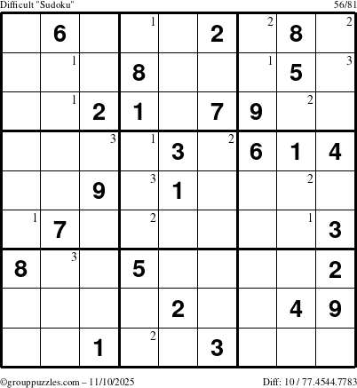 The grouppuzzles.com Difficult Sudoku puzzle for Monday November 10, 2025 with the first 3 steps marked