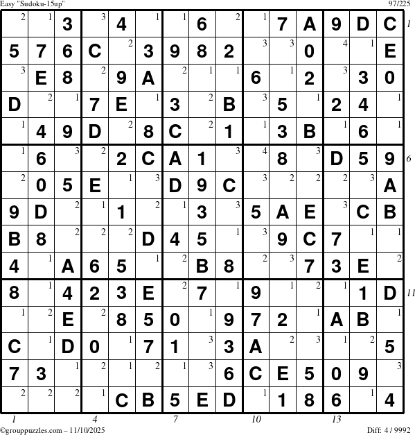 The grouppuzzles.com Easy Sudoku-15up puzzle for Monday November 10, 2025 with all 4 steps marked