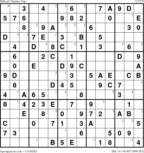 The grouppuzzles.com Difficult Sudoku-15up puzzle for Monday November 10, 2025 with the first 3 steps marked