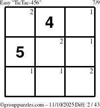 The grouppuzzles.com Easy TicTac-456 puzzle for Monday November 10, 2025 with the first 2 steps marked