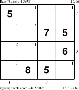 The grouppuzzles.com Easy Sudoku-4-5678 puzzle for Wednesday April 15, 2026 with all 2 steps marked