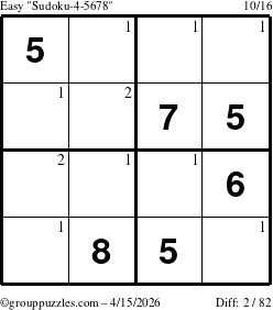 The grouppuzzles.com Easy Sudoku-4-5678 puzzle for Wednesday April 15, 2026 with the first 2 steps marked