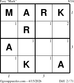 The grouppuzzles.com Easy Mark puzzle for Wednesday April 15, 2026 with all 2 steps marked