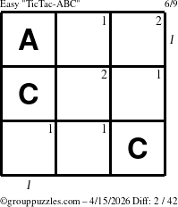 The grouppuzzles.com Easy TicTac-ABC puzzle for Wednesday April 15, 2026 with all 2 steps marked