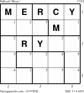 The grouppuzzles.com Difficult Mercy puzzle for Wednesday April 15, 2026 with all 5 steps marked