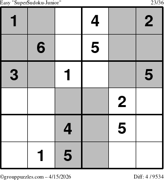 The grouppuzzles.com Easy SuperSudoku-Junior puzzle for Wednesday April 15, 2026