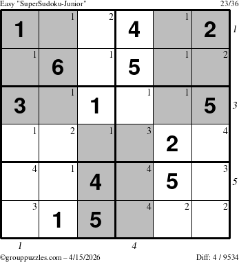 The grouppuzzles.com Easy SuperSudoku-Junior puzzle for Wednesday April 15, 2026 with all 4 steps marked