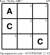 The grouppuzzles.com Easy TicTac-ABC puzzle for Wednesday April 15, 2026 with the first 2 steps marked