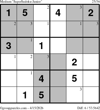 The grouppuzzles.com Medium SuperSudoku-Junior puzzle for Wednesday April 15, 2026 with the first 3 steps marked