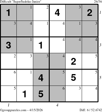 The grouppuzzles.com Difficult SuperSudoku-Junior puzzle for Wednesday April 15, 2026 with all 6 steps marked