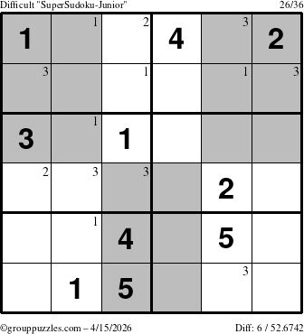 The grouppuzzles.com Difficult SuperSudoku-Junior puzzle for Wednesday April 15, 2026 with the first 3 steps marked