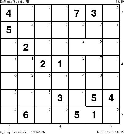 The grouppuzzles.com Difficult Sudoku-7B puzzle for Wednesday April 15, 2026 with all 8 steps marked