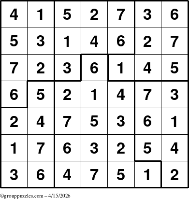 The grouppuzzles.com Answer grid for the Sudoku-7B puzzle for Wednesday April 15, 2026
