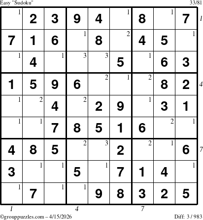 The grouppuzzles.com Easy Sudoku puzzle for Wednesday April 15, 2026, suitable for printing, with all 3 steps marked