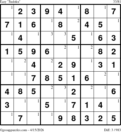The grouppuzzles.com Easy Sudoku puzzle for Wednesday April 15, 2026 with the first 3 steps marked