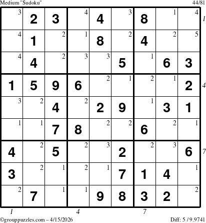 The grouppuzzles.com Medium Sudoku puzzle for Wednesday April 15, 2026, suitable for printing, with all 5 steps marked