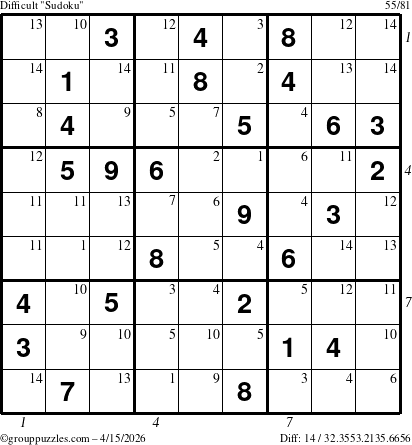 The grouppuzzles.com Difficult Sudoku puzzle for Wednesday April 15, 2026 with all 14 steps marked