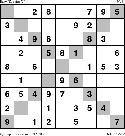 The grouppuzzles.com Easy Sudoku-X puzzle for Wednesday April 15, 2026