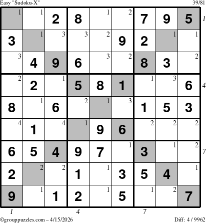 The grouppuzzles.com Easy Sudoku-X puzzle for Wednesday April 15, 2026 with all 4 steps marked