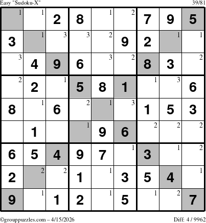 The grouppuzzles.com Easy Sudoku-X puzzle for Wednesday April 15, 2026 with the first 3 steps marked