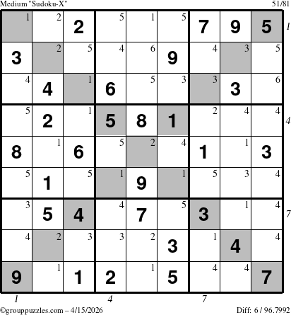 The grouppuzzles.com Medium Sudoku-X puzzle for Wednesday April 15, 2026 with all 6 steps marked