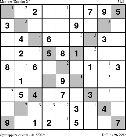 The grouppuzzles.com Medium Sudoku-X puzzle for Wednesday April 15, 2026 with the first 3 steps marked