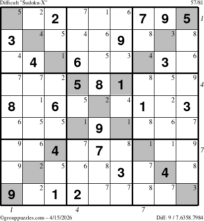 The grouppuzzles.com Difficult Sudoku-X puzzle for Wednesday April 15, 2026, suitable for printing, with all 9 steps marked