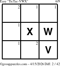 The grouppuzzles.com Easy TicTac-VWX puzzle for Wednesday April 15, 2026 with the first 2 steps marked