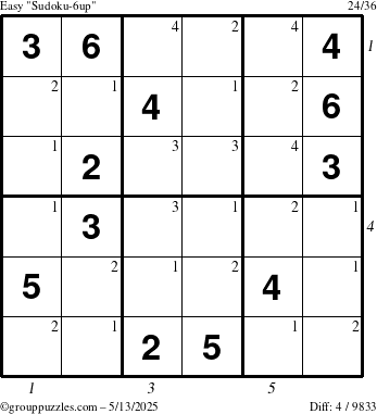 The grouppuzzles.com Easy Sudoku-6up puzzle for Tuesday May 13, 2025 with all 4 steps marked