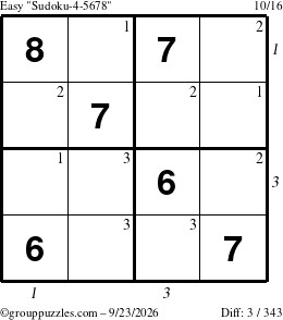 The grouppuzzles.com Easy Sudoku-4-5678 puzzle for Wednesday September 23, 2026, suitable for printing, with all 3 steps marked