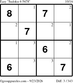 The grouppuzzles.com Easy Sudoku-4-5678 puzzle for Wednesday September 23, 2026 with the first 3 steps marked