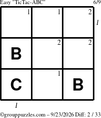 The grouppuzzles.com Easy TicTac-ABC puzzle for Wednesday September 23, 2026 with all 2 steps marked