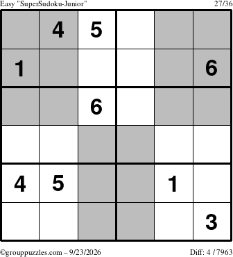 The grouppuzzles.com Easy SuperSudoku-Junior puzzle for Wednesday September 23, 2026