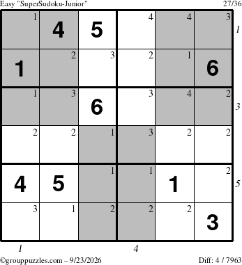 The grouppuzzles.com Easy SuperSudoku-Junior puzzle for Wednesday September 23, 2026 with all 4 steps marked