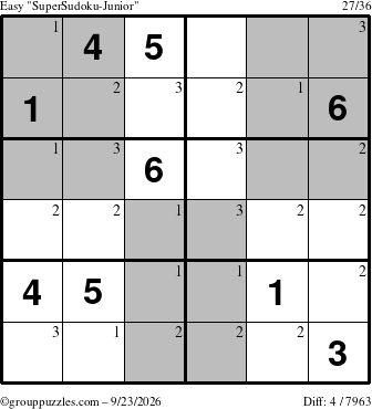 The grouppuzzles.com Easy SuperSudoku-Junior puzzle for Wednesday September 23, 2026 with the first 3 steps marked