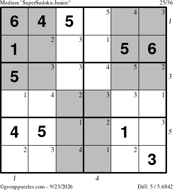 The grouppuzzles.com Medium SuperSudoku-Junior puzzle for Wednesday September 23, 2026, suitable for printing, with all 5 steps marked