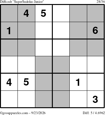 The grouppuzzles.com Difficult SuperSudoku-Junior puzzle for Wednesday September 23, 2026