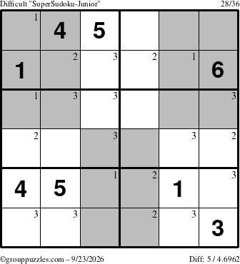 The grouppuzzles.com Difficult SuperSudoku-Junior puzzle for Wednesday September 23, 2026 with the first 3 steps marked