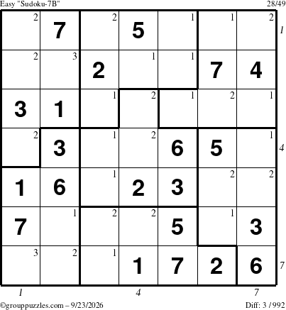 The grouppuzzles.com Easy Sudoku-7B puzzle for Wednesday September 23, 2026, suitable for printing, with all 3 steps marked