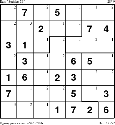 The grouppuzzles.com Easy Sudoku-7B puzzle for Wednesday September 23, 2026 with the first 3 steps marked