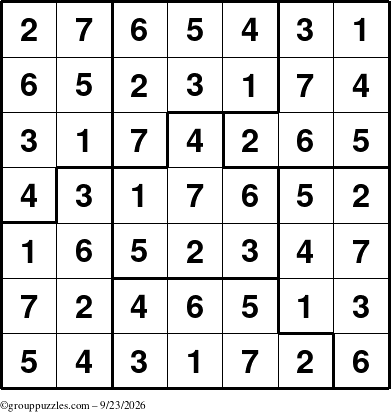 The grouppuzzles.com Answer grid for the Sudoku-7B puzzle for Wednesday September 23, 2026